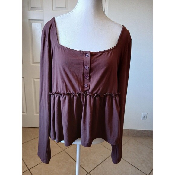 Shein Curve Blouse Brown Long Sleeve Square Neck 2XL Plus 1/2 Button Casual - Picture 1 of 16